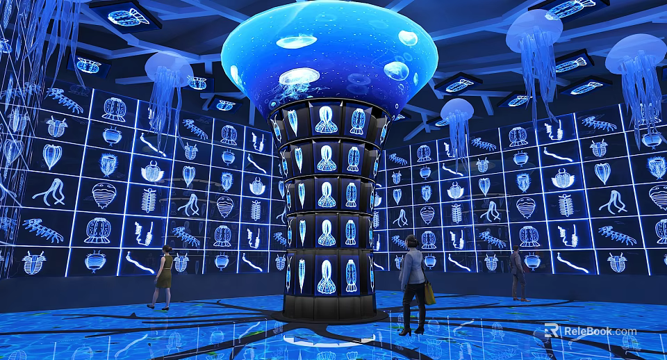 Immersive Exhibition Space With Blue Jellyfish Installation Digital Displays And Visitors 3d model 