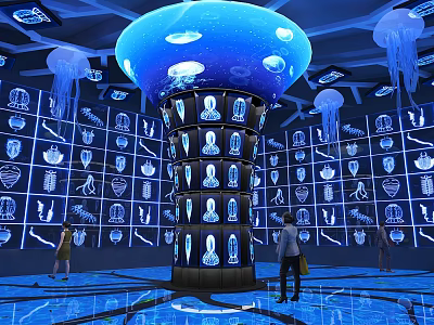 Immersive Exhibition Space With Blue Jellyfish Installation Digital Displays And Visitors 3d model