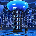 Immersive Exhibition Space With Blue Jellyfish Installation Digital Displays And Visitors