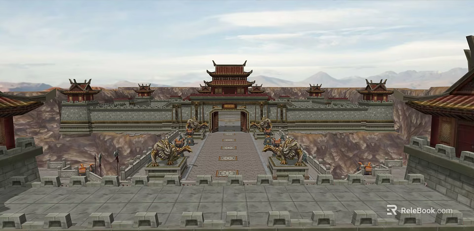 Ancient Chinese Architecture Featuring Grand Gateway Stone Lions Curved Eaves And Ornate Roofs 3d model 