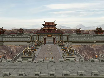 Ancient Chinese Architecture Featuring Grand Gateway Stone Lions Curved Eaves And Ornate Roofs 3d model