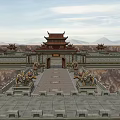 Ancient Chinese Architecture Featuring Grand Gateway Stone Lions Curved Eaves And Ornate Roofs