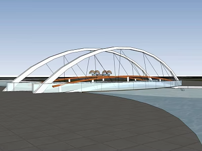Modern White Arch Bridge With Bicycles Over Water And Pedestrian Path 3d model