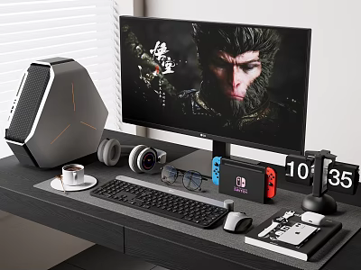 Gaming PC Desktop Setup with Monitor Case Keyboard Mouse Headphones and Nintendo Switch 3d model