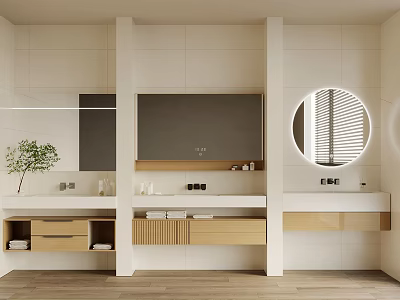 Modern Bathroom Vanity Design With Round Mirror Sink Storage And Wooden Cabinets 3d model