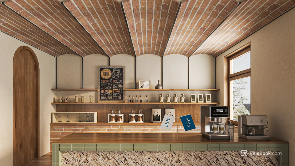 Rustic Café Interior With Brick Ceiling Menu Board Coffee Appliances On Shelves Counter And Window 3d model 
