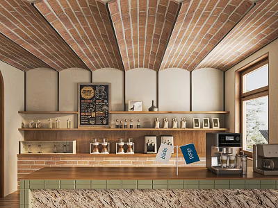 Rustic Café Interior With Brick Ceiling Menu Board Coffee Appliances On Shelves Counter And Window 3d model
