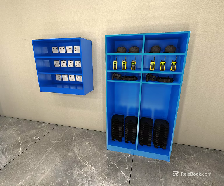 Blue Wall Mounted and Freestanding Storage Racks with Compartments Labeled Boxes Round and Tire Objects 3d model