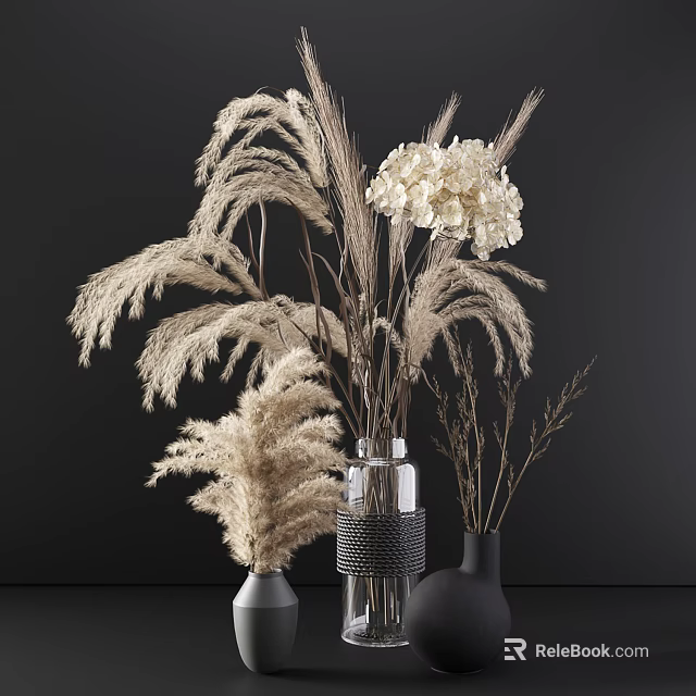 Elegant Vases with White Hydrangea Pampas Grass and Dried Branches on Dark Background 3d model 