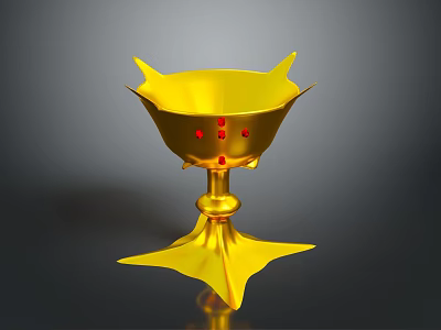 Golden Decorative Cup With Star Shaped Base Red Accents And Petal Like Rim 3d model