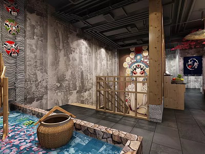 Traditional Hotpot Restaurant Interior With Peking Opera Masks Wooden Railings And Stone Walls 3d model