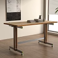 Modern Wooden Desk with Metal Frame Caster Wheels and Books Near Window Natural Light