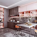 Modern Kitchen Interior With Dark Cabinets Marble Island Wine Rack And Lighting