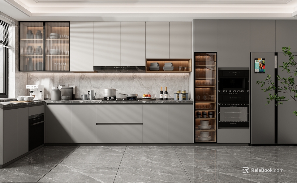 Modern Kitchen Interior With Light Gray Cabinets Glass Door Display Countertop Cookware And Wine Bottles 3d model 