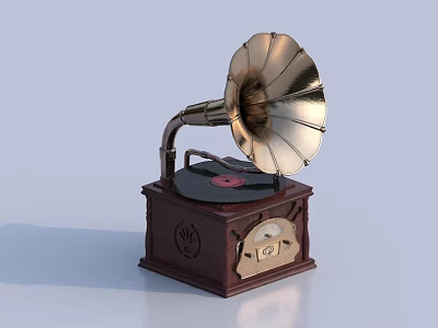 Vintage Gramophone Audio Device With Wooden Base Brass Horn And Vinyl Record 3d model
