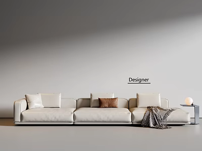 Cream Three Seater Sofa with Cushions Brown Throw Blanket Side Table Lamp and Designer Wall 3d model
