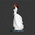 Woman in White Dress as Detailed 3D Model Standing on Blue Base with Gray Background