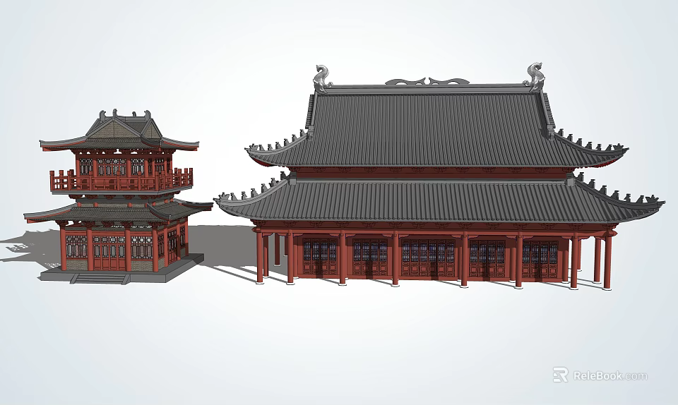 Ancient Chinese Traditional Architecture With Classic Roof Red Pillars And Overhanging Eaves 3d model 