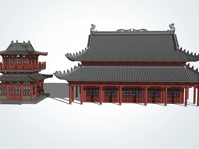 Ancient Chinese Traditional Architecture With Classic Roof Red Pillars And Overhanging Eaves 3d model