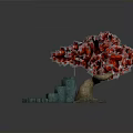 Blue Stone Building Structures With Green Pool Red Leaved Tree Grass And Scattered Red Petals