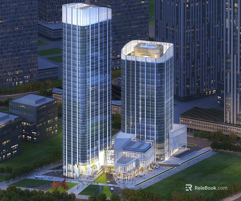 Modern Two High Rise Office Buildings with Glass Curtain Walls in Urban Illuminated Plaza Area 3d model 