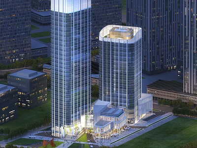 Modern Two High Rise Office Buildings with Glass Curtain Walls in Urban Illuminated Plaza Area 3d model