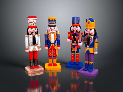 Set of Colorful Nutcracker Dolls with Traditional Soldier and King Costumes on Wooden Bases 3d model