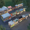 Bustling Commercial Street with Colorful Tents and Various Stalls Attracting Pedestrians Near Green Trees