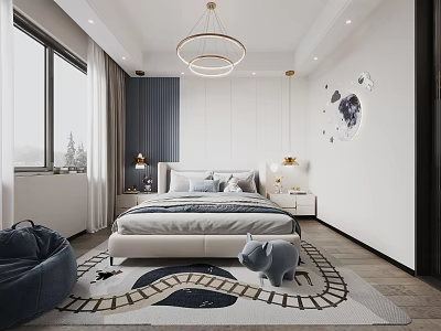 Modern Kids Room Interior With Bed Gray Elephant Toy Chandelier And Decorative Rug 3d model