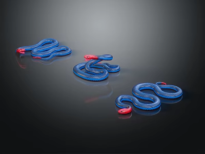 Blue Snakes With Red Heads Slithering On Shiny Black Background 3d model