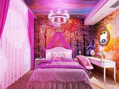 Pink Purple Hotel Guest Room With Forest Mural Starry Ceiling Crystal Chandelier Dressing Table Chair 3d model