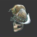 Ornate Detailed Decorative Helmet Featuring Golden Bull Head On Human Skull