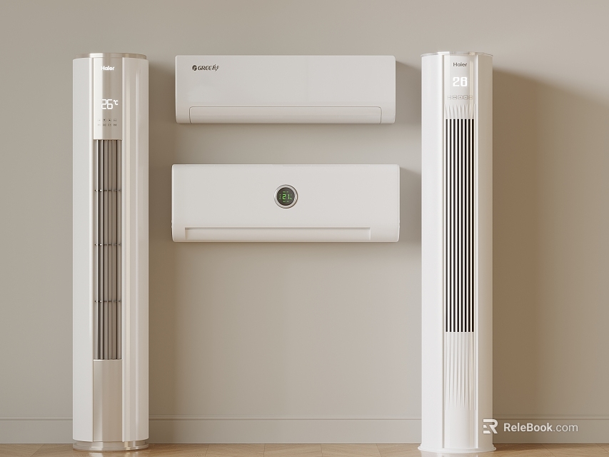 White Wall Mounted Air Conditioners And Tower Fans For Modern Room Interior 3d model 