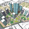 Modern High Rise Office Buildings With Glass Facade And Urban Green Courtyard