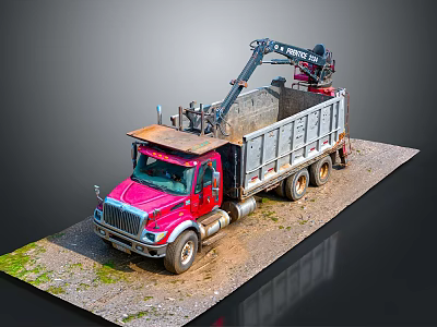 Red Bronco Dump Truck With Crane On Dirt Grassy Ground Platform 3d model