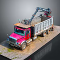 Red Bronco Dump Truck With Crane On Dirt Grassy Ground Platform