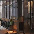 Modern Bedroom Design With Platform Bed Wooden Glass Partition Bedside Tables Green Lamps Herringbone Floor
