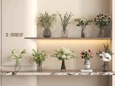Modern Decorative Vases With Various Flowers On Double Shelves Marble Countertop And Light Wall 3d model