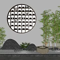 Zen Garden Ornament With Circular Lattice Window Bamboo Plants And Stone Elements 3d model