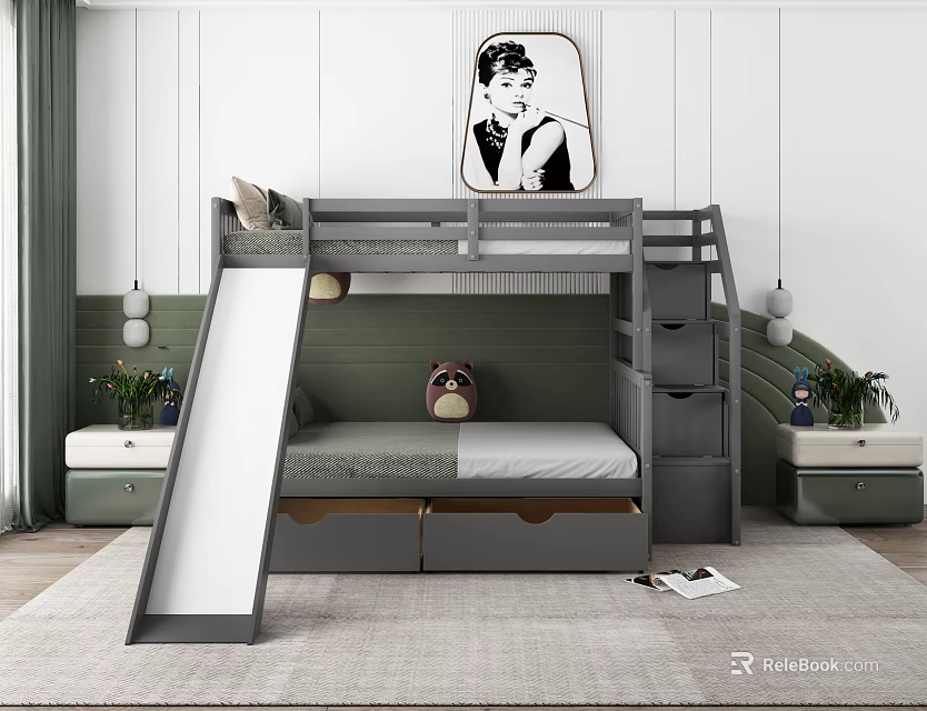 Modern Kids Bunk Bed With Slide Storage Drawers Nightstands And Wall Art 3d model 
