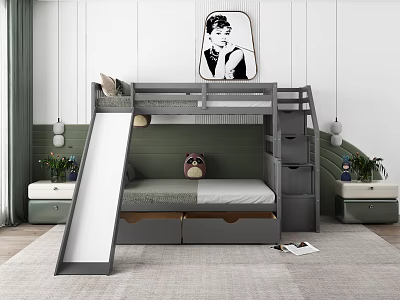 Modern Kids Bunk Bed With Slide Storage Drawers Nightstands And Wall Art 3d model