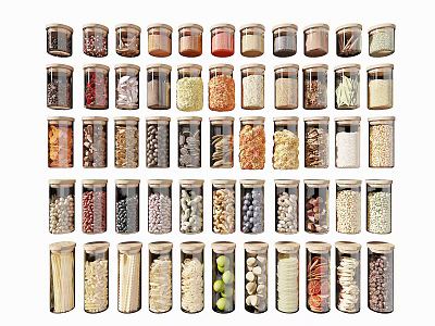 Glass Spice Jars with Various Spices Grains and Beans for Organized Kitchen Pantry 3d model
