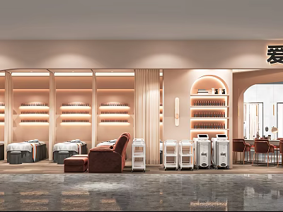 Modern Beauty Hair Salon Interior With Product Shelves Comfortable Seating And Professional Equipment 3d model
