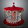 Kids Fun Red Carousel Ride with Blue Horses Heart Decor and Gold Frame