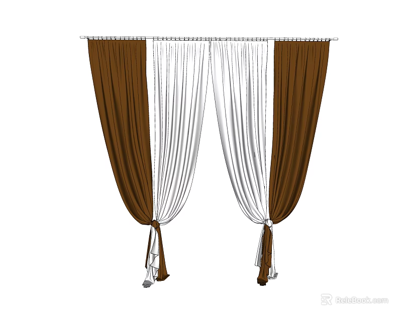 Brown And White Layered Curtains With Tiebacks For Elegant Window Decor 3d model