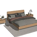 Modern Wooden Double Bed With Bedside Tables Table Lamp And Gray Bedding 3d model
