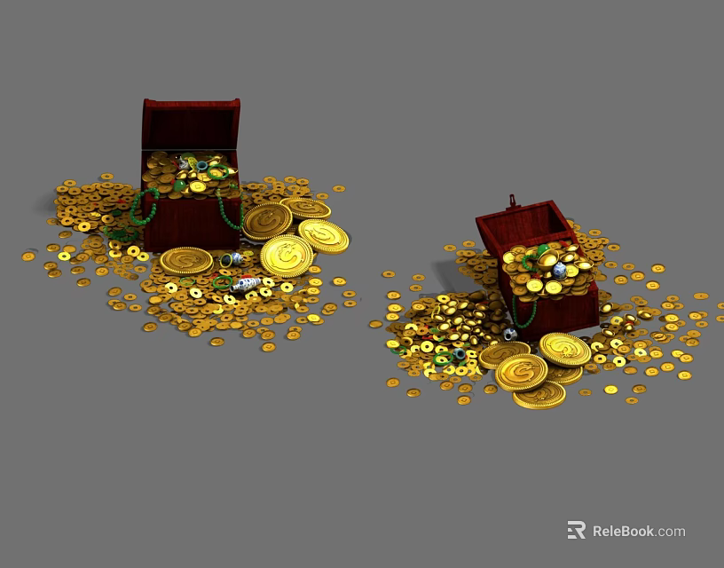 Open Treasure Chests Filled With Gold Coins Jewels And Scattered Coins 3d model 