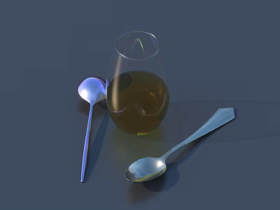 Stylish Tableware Set Featuring Glass Cup And Two Metal Spoons On Dark Surface 3d model