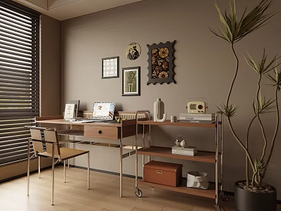 Cozy Home Office Setup with Window Blinds Framed Art Laptop Rolling Cart and Indoor Plant 3d model