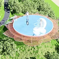 Scenic Observation Deck With Blue Reflective Surface People Taking Photos And Moon Cloud Sculpture